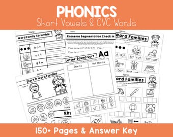 CVC Worksheets: Phonics Short Vowels, Phoneme Segmentation, Rhyming, Assessments (Digital Download)
