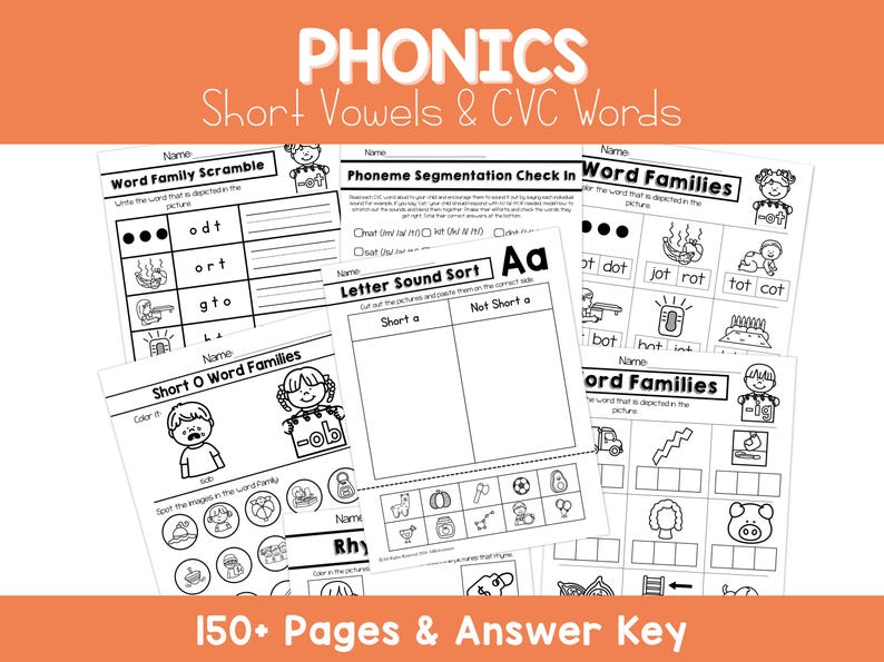 May include: Black and white printable phonics worksheets for kids. The worksheets feature CVC words, short vowel sounds, and word families. There are 150 pages and an answer key included.