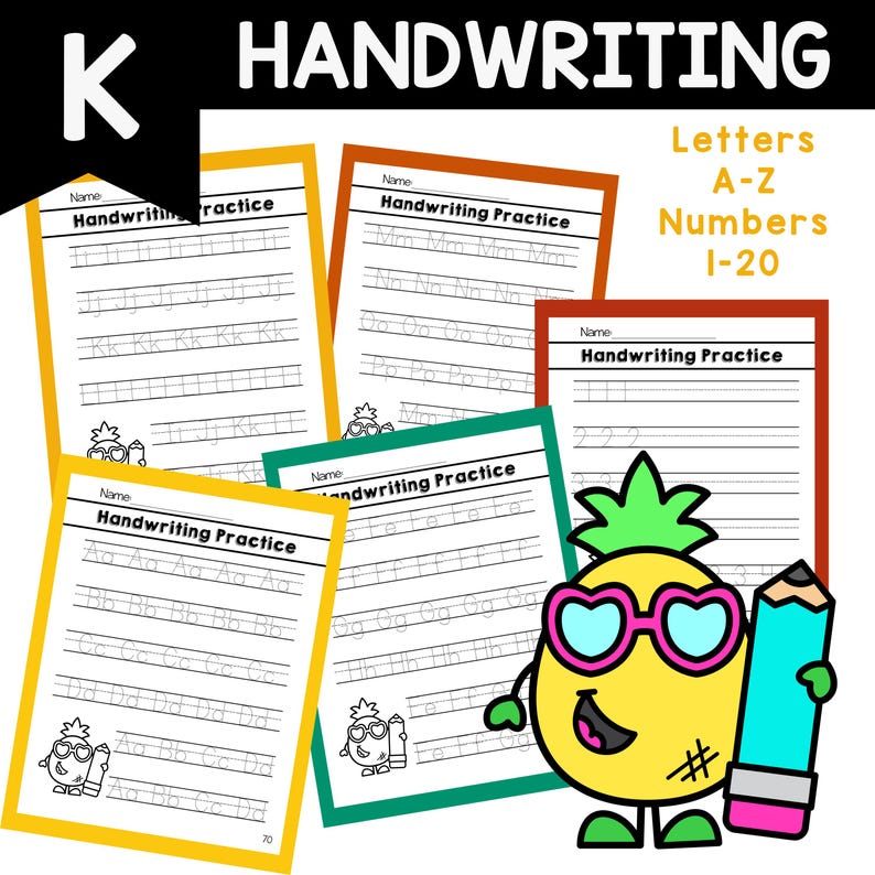Peut inclure: Feuilles d'exercices d'&eacute;criture avec le texte "Handwriting Practice" et les lettres A-Z et les chiffres 1-20. Les feuilles sont de diff&eacute;rentes couleurs, dont le jaune, l'orange et le vert. Une ananas de dessin anim&eacute; avec des lunettes et un crayon est &eacute;galement pr&eacute;sent.