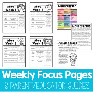 Pode incluir: P&aacute;ginas de foco semanal imprim&iacute;veis em preto e branco para o jardim de inf&acirc;ncia. As p&aacute;ginas incluem um mapa curricular, uma descri&ccedil;&atilde;o das habilidades inclu&iacute;das e planos de aulas semanais para o m&ecirc;s de maio. Cada semana inclui atividades de fon&eacute;tica, palavras de vista, matem&aacute;tica e escrita.
