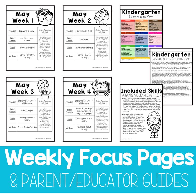 Pode incluir: P&aacute;ginas de foco semanal imprim&iacute;veis em preto e branco para o jardim de inf&acirc;ncia. As p&aacute;ginas incluem um mapa curricular, uma descri&ccedil;&atilde;o das habilidades inclu&iacute;das e planos de aulas semanais para o m&ecirc;s de maio. Cada semana inclui atividades de fon&eacute;tica, palavras de vista, matem&aacute;tica e escrita.