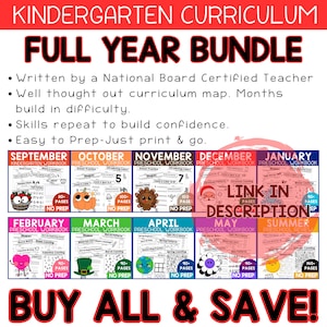May include: A colorful image advertising a full year kindergarten curriculum bundle. The image features a grid of 10 colorful workbooks, each with a different month of the year. The workbooks are designed for preschool and kindergarten students and feature a variety of activities, such as counting, coloring, and letter recognition. The image also includes the text "BUY ALL & SAVE!" in large, bold letters.