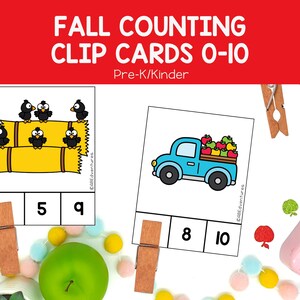 Peut inclure: Cartes à compter éducatives sur le thème de l'automne pour la maternelle, numérotées de 0 à 10. Une carte montre cinq oiseaux noirs sur des bottes de foin jaunes avec les chiffres 5 et 9. Une autre montre un camion bleu avec des pommes.