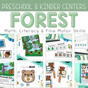 May include: Educational materials for preschool and kindergarten. The image features various learning activities with a forest theme, including math, literacy, and fine motor skills exercises. The materials include puzzles, matching games, and worksheets.
