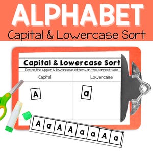 May include: A printable worksheet for sorting uppercase and lowercase letters. The worksheet has two columns labeled "Capital" and "Lowercase". There are letters "A" and "a" in the columns. Below the columns is a strip of letters that says "AaAAaaAa".