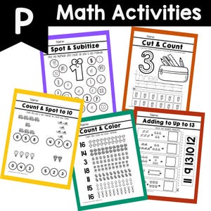May include: A collection of colorful math activity sheets for children. The sheets feature various exercises, including counting, addition, and number recognition. Each sheet has a different colored border and includes the title "Math Activities" at the top.