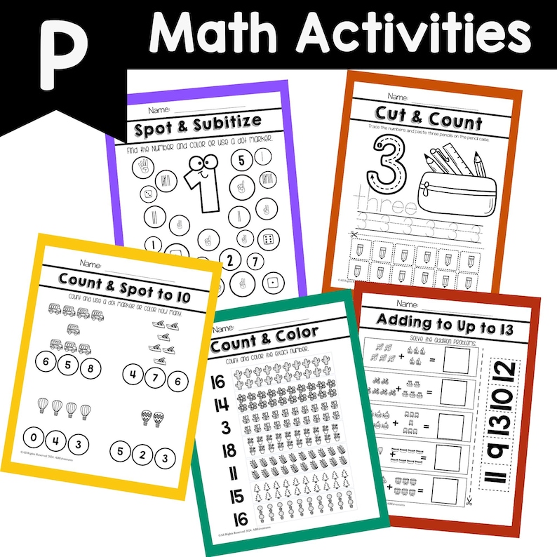 May include: A collection of colorful math activity sheets for children. The sheets feature various exercises, including counting, addition, and number recognition. Each sheet has a different colored border and includes the title "Math Activities" at the top.