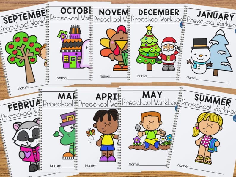 May include: 10 holiday themed monthly workbooks filled with preschool curriculum