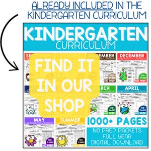 May include: A colourful digital download for kindergarten curriculum. The image shows a collection of black and white worksheets with cartoon characters. The text reads "Kindergarten Curriculum", "Find It In Our Shop", "1000+ Pages", "No Prep Packets", "Full Year", and "Digital Download".