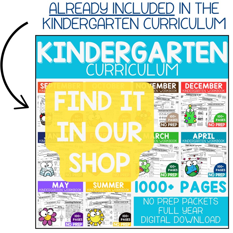 May include: A colourful digital download for kindergarten curriculum. The image shows a collection of black and white worksheets with cartoon characters. The text reads "Kindergarten Curriculum", "Find It In Our Shop", "1000+ Pages", "No Prep Packets", "Full Year", and "Digital Download".