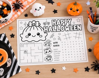 Halloween Squishy Party Placemat Printable, Kids Halloween Activity Sheet, Dumpling Coloring Page, Halloween Games, Party Table Activity