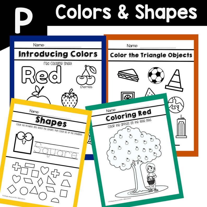May include: Four educational worksheets with colorful borders. The worksheets are titled "Introducing Colors," "Color the Triangle Objects," "Shapes," and "Coloring Red." Each sheet features black and white illustrations and text for coloring and learning.