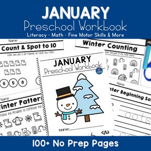 Winter Preschool Curriculum Worksheets for January: letters, writing, handwriting, math, and fine motor activities