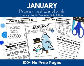 Winter Preschool Curriculum Worksheets for January: letters, writing, handwriting, math, and fine motor activities