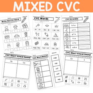 May include: Black and white printable worksheets for teaching children about CVC words. The worksheets include activities such as writing the CVC word that is depicted in the picture, colouring the word that is depicted in the picture, writing the word that is depicted in the picture, matching CVC words to pictures, and identifying the short vowel sound.