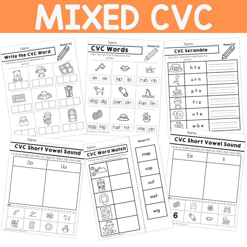 May include: Black and white printable worksheets for teaching children about CVC words. The worksheets include activities such as writing the CVC word that is depicted in the picture, colouring the word that is depicted in the picture, writing the word that is depicted in the picture, matching CVC words to pictures, and identifying the short vowel sound.