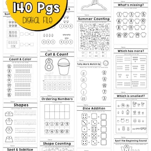 May include: A digital file with 140 pages of educational worksheets for kids. The pages feature various math and literacy activities, including counting, shapes, and matching exercises. The cover has the text "140 Pgs Digital File".