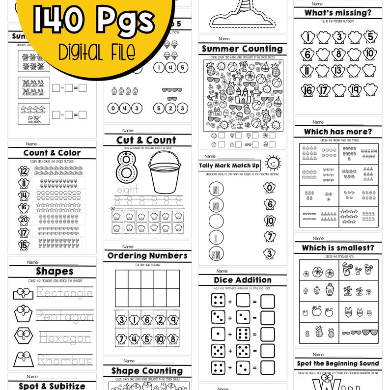 May include: A digital file with 140 pages of educational worksheets for kids. The pages feature various math and literacy activities, including counting, shapes, and matching exercises. The cover has the text "140 Pgs Digital File".