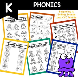 Peut inclure: Feuilles de travail &eacute;ducatives de phon&eacute;tique pour les jeunes apprenants. L'image pr&eacute;sente plusieurs feuilles de travail color&eacute;es avec des exercices de phon&eacute;tique, y compris les sons de d&eacute;but et de fin, les mots CVC et l'association de rimes. Un personnage de dessin anim&eacute; violet est dans l'image.