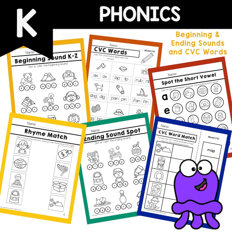 Peut inclure: Feuilles de travail &eacute;ducatives de phon&eacute;tique pour les jeunes apprenants. L'image pr&eacute;sente plusieurs feuilles de travail color&eacute;es avec des exercices de phon&eacute;tique, y compris les sons de d&eacute;but et de fin, les mots CVC et l'association de rimes. Un personnage de dessin anim&eacute; violet est dans l'image.
