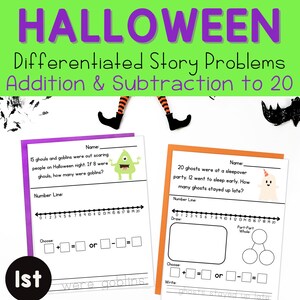 May include: Halloween-themed educational worksheets for 1st grade. The worksheets feature addition and subtraction problems with a spooky theme, including ghouls, goblins, and ghosts. The text "Halloween" is in large purple letters, and "Addition & Subtraction to 20" is also visible.