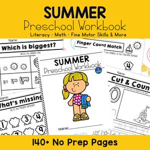 May include: A colorful preschool workbook titled "SUMMER Preschool Workbook" with pages for literacy, math, and fine motor skills. The cover features a cartoon girl in a swimsuit. Pages include activities like "Which is biggest?" and "Cut & Count."