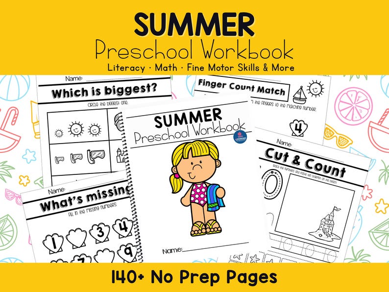 May include: A colorful preschool workbook titled "SUMMER Preschool Workbook" with pages for literacy, math, and fine motor skills. The cover features a cartoon girl in a swimsuit. Pages include activities like "Which is biggest?" and "Cut & Count."