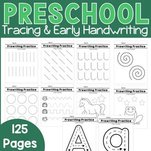 May include: A set of 125 printable preschool worksheets for tracing and early handwriting practice. The worksheets feature various pre-writing lines, shapes, and letters.
