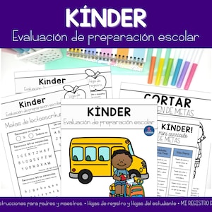 Puede incluir: Conjunto de hojas de trabajo educativas para preescolar, con la palabra "KINDER" en la parte superior. Las hojas de trabajo incluyen actividades, una ilustración de autobús escolar amarillo y el texto "Evaluación de preparación escolar."