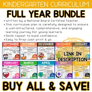 Peut inclure: Un ensemble p&eacute;dagogique color&eacute; pour la maternelle, comprenant des cahiers d'exercices pour chaque mois de l'ann&eacute;e. L'image affiche le texte "FULL YEAR BUNDLE" et "BUY ALL & SAVE!" avec des couvertures de cahiers individuelles.