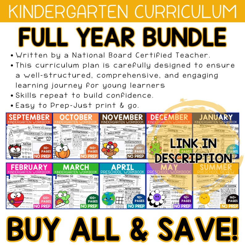 Peut inclure: Un ensemble p&eacute;dagogique color&eacute; pour la maternelle, comprenant des cahiers d'exercices pour chaque mois de l'ann&eacute;e. L'image affiche le texte "FULL YEAR BUNDLE" et "BUY ALL & SAVE!" avec des couvertures de cahiers individuelles.