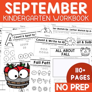 May include: A black and white printable workbook for kindergarten students. The workbook has a September theme and includes activities such as counting, letter matching, and fall-themed crafts. The cover features the text "SEPTEMBER KINDERGARTEN WORKBOOK" and the words "110+ PAGES NO PREP".