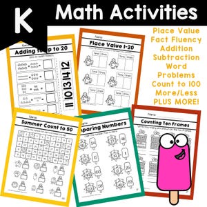 Peut inclure: Plusieurs feuilles de travail &eacute;ducatives color&eacute;es pour les activit&eacute;s de math&eacute;matiques. Les feuilles de travail couvrent des sujets tels que la valeur de position, l'addition, la soustraction et les probl&egrave;mes de mots. L'image comprend une grande glace rose et le texte "K Math Activities".