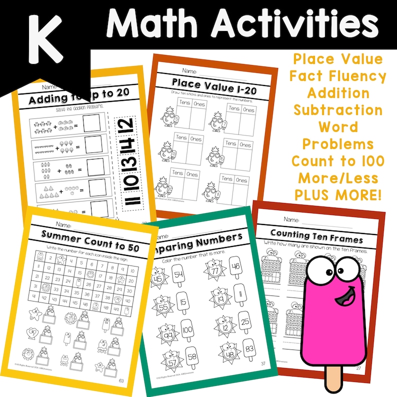 Peut inclure: Plusieurs feuilles de travail &eacute;ducatives color&eacute;es pour les activit&eacute;s de math&eacute;matiques. Les feuilles de travail couvrent des sujets tels que la valeur de position, l'addition, la soustraction et les probl&egrave;mes de mots. L'image comprend une grande glace rose et le texte "K Math Activities".