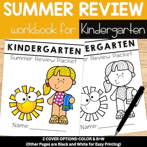 Peut inclure: Deux cahiers d'exercices de r&eacute;vision d'&eacute;t&eacute; pour la maternelle. Une couverture en couleur avec une fille de dessin anim&eacute; en maillot de bain et un soleil souriant. L'autre est en noir et blanc. Le texte indique "Summer Review Packet".