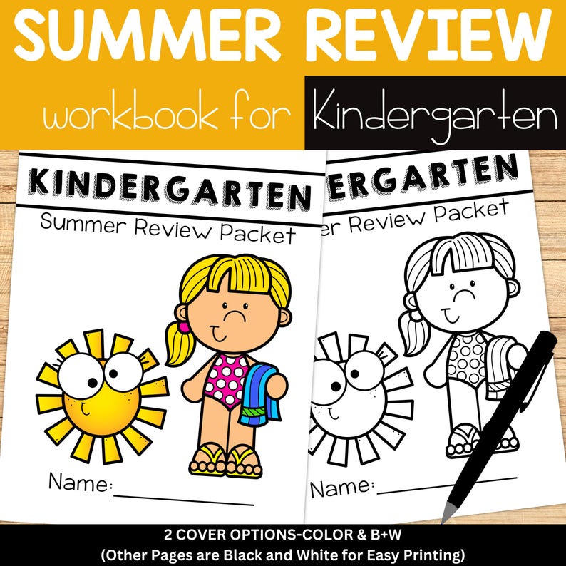 Peut inclure: Deux cahiers d'exercices de r&eacute;vision d'&eacute;t&eacute; pour la maternelle. Une couverture en couleur avec une fille de dessin anim&eacute; en maillot de bain et un soleil souriant. L'autre est en noir et blanc. Le texte indique "Summer Review Packet".
