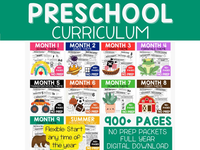 Preschool curriculum homeschool preschool worksheets bundle with 900+ pages of no-prep worksheets and themed lesson plans for the full year. Includes monthly preschool themes such as school, space, pirates, fairytales, transportation, sports, plants, farm, forest, and summer review. Perfect for homeschool preschool parents, daycare, and preschool teachers looking for ready-to-use educational activities that teach letters, numbers, colors, and shapes.