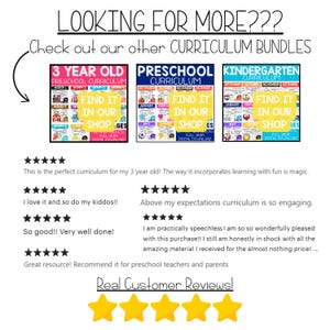 Op de afbeelding: Drie kleurrijke posters met de tekst "3 Year Old Preschool Curriculum", "Preschool Curriculum" en "Kindergarten Curriculum". Elke poster bevat een raster met maandelijkse activiteiten met de tekst "Find It In Our Shop" en "Full Year Digital Download". De posters worden omringd door vijfsterrenrecensies.