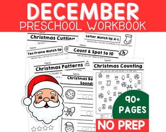 Christmas Preschool Worksheets: Pre-k Christmas Workbook Literacy and Math Activities (Digital Download)