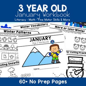Winter Toddler Worksheets and Busy Book Pages for Age 3: January ABCs, pattern recognition, cutting, tracing & numbers