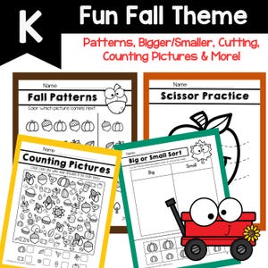 May include: A set of four printable worksheets for kids featuring a fall theme. The worksheets include activities such as counting pictures, cutting practice, and pattern recognition. The worksheets are black and white and feature a cartoon character with big eyes.