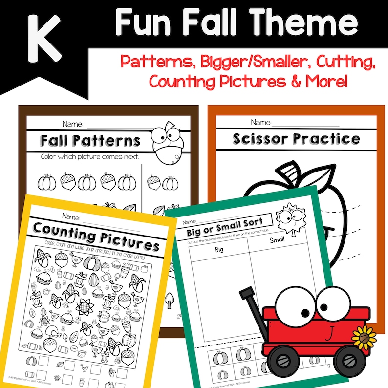 May include: A set of four printable worksheets for kids featuring a fall theme. The worksheets include activities such as counting pictures, cutting practice, and pattern recognition. The worksheets are black and white and feature a cartoon character with big eyes.