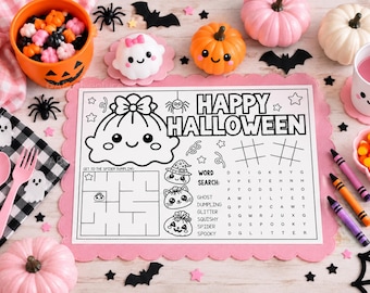 Kids Halloween Activity Placemat Printable, Halloween Party Games for Kids, Squishy Dumpling Coloring Sheet, Classroom Halloween Activities