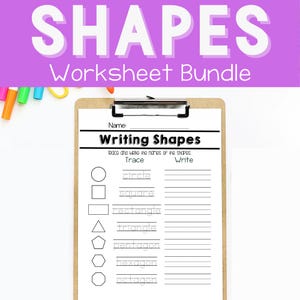 Op de afbeelding: Een zwart-wit werkblad met de titel "Writing Shapes". Het werkblad bevat een lijst met vormen met lijnen om te traceren en de naam van elke vorm te schrijven. De vormen omvatten een cirkel, een vierkant, een rechthoek, een driehoek, een vijfhoek, een zeshoek en een achthoek.