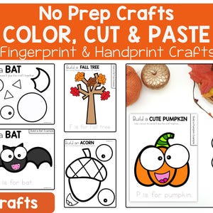 May include: A collection of four fall-themed craft projects. The image includes instructions for building a bat, a fall tree, a cute pumpkin, and an acorn. The text reads "No Prep Crafts, Color, Cut & Paste, Fingerprint & Handprint Crafts."