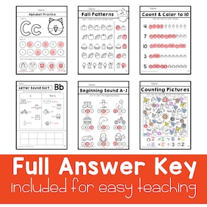 May include: A set of printable worksheets for preschoolers featuring fall-themed activities. The worksheets include alphabet practice, letter sound sorting, counting, and color recognition. The worksheets are black and white with colorful accents.