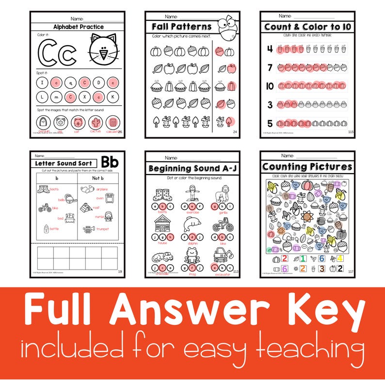 May include: A set of printable worksheets for preschoolers featuring fall-themed activities. The worksheets include alphabet practice, letter sound sorting, counting, and color recognition. The worksheets are black and white with colorful accents.