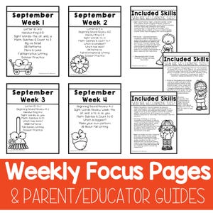May include: Black and white printable weekly focus pages for September with the text 'Weekly Focus Pages & Parent/Educator Guides' at the bottom. Each page has a title with the month and week number, a list of skills and activities for that week, and a small illustration. The skills include letter sounds, handwriting, sight words, math, and scissor practice. Kindergarten Worksheets September Kindergarten Curriculum Fall Lessons Math Worksheets Back to School Kindergarten Homeschool Lesson Plan