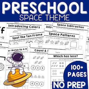 May include: A collection of black and white printable worksheets for preschoolers featuring a space theme. The worksheets include activities such as counting, matching, and tracing. The text on the worksheets includes "Space Subtraction", "Space Patterns", "Count & Color", "Which has less?", and "Space Patterns".