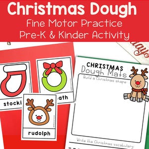 May include: Christmas-themed fine motor practice activity for Pre-K and Kindergarten. The image features cards with Christmas shapes like a stocking, wreath, and Rudolph the reindeer, along with dough mats for building shapes.